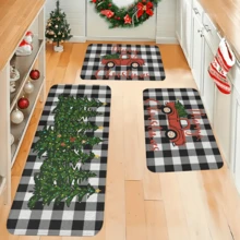 1/2/3pcs Christmas Theme Kitchen Rugs, Flannel Kitchen Rugs With Christmas Tree Pattern And Black & White Checkered Background, Comfortable Soft Absorbent Non-Slip Machine Washable With Anti-Slip Backing, Multi-Functional Floor Mat Suitable For Entrance, Living Room, Bedroom, Kitchen, Dining Room, Bathroom, Patio, Hallway, Home And Holiday Decor - Multicolor - View 4