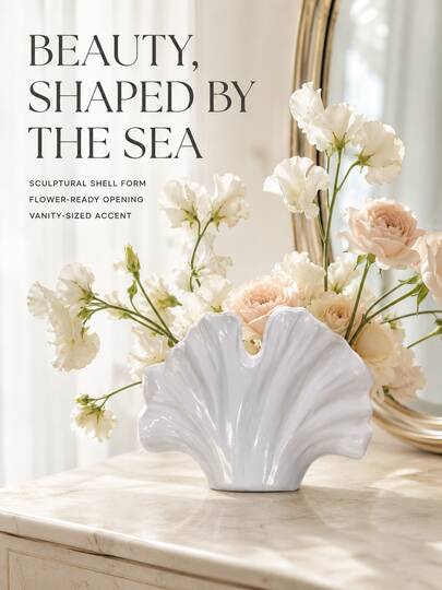1 Piece White Shell Shaped Flower Vase, Elegant Scallop Fan Design, Modern Coastal Home Decor For Floral Arrangements, Living Room Table Centerpiece, Bedroom Vanity And Entryway Accent,Center Pieces For Table,Flower Vase