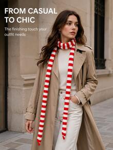 1pc Striped Thin Knit Scarf, Unique Sausage Shape, Atmospheric Decorative Narrow Scarf For Women, Fashion Item - Multicolor - View 5
