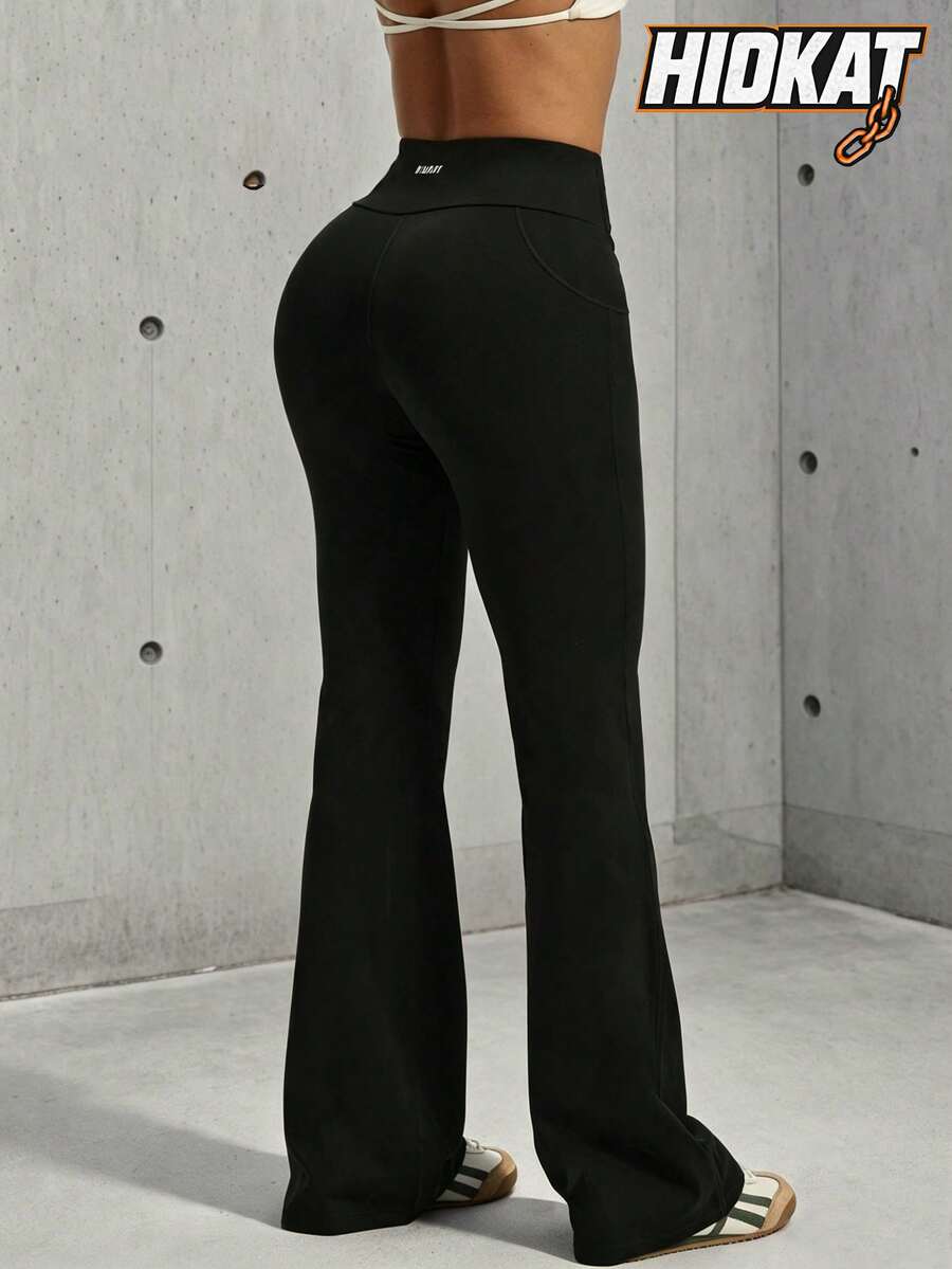 Hidkat Women's Fashion Solid Color High Waist Slim Fit Yoga Sports Knit Flare Pants - Black - View 1