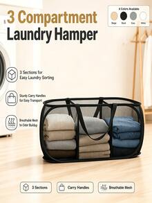 3-Compartment Foldable Laundry Basket, Breathable Mesh Dirty Clothes Bin, Large Capacity Partition Design, Portable With Handles, Suitable For Bathroom And Laundry Room, Easily Sort Household Dirty Clothes - Multicolor - View 8