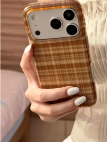 Niche Autumn/Winter Plaid Semi-Transparent Phone Case Compatible With Apple 17 Pro Max, 16 New Model, 15, 15 Pro, 17, 16 Pro, 17 Pro, High-Quality Creative Minimalist Korean Style Anti-Drop Protective Cover With Chain - Brown - View 1