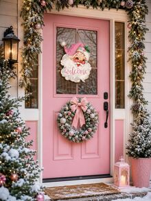 1pc Pink Santa Claus Welcome Sign, Christmas Door Hanging Decor, Vintage Wooden Holiday Wall Hanging, Christmas Front Porch Hanging Ornament, Christmas Party Home Entrance Decoration, Rustic Style Holiday Hanging Decor - Pink - View 2
