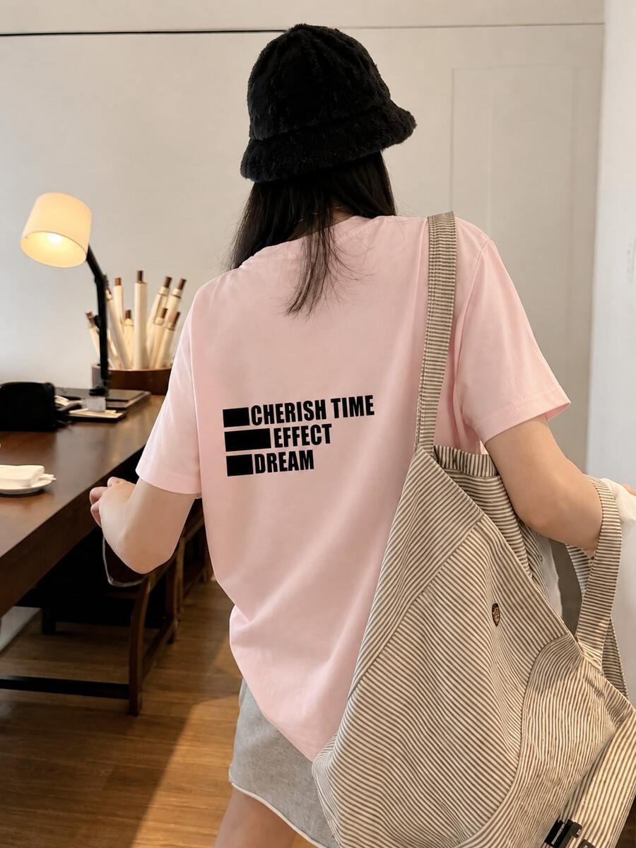 女款圓領寬鬆百搭極簡字母印花短袖T恤,春夏休閒粉色 - 粉色 - 查看 1