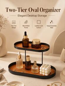 [1pc Iron Art Storage Rack] 1pc Minimalist Style Iron Art Storage Rack With Faux Leather Lining. Double-Layer Oval Storage Box, Suitable For Storing Cosmetics, Jewelry And Keys. Suitable For Living Room Desktop Storage, Bedroom, Bathroom Entrance And Other Scenes, Can Be Used As Desktop Perfume And Lipstick Holder. - Multicolor - View 2
