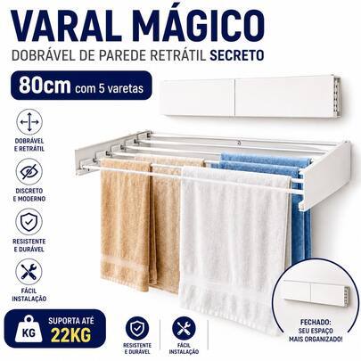 Varal Magico Dobrável de Parede Retrátil Secreto 80cm Com 5 Varetas Lavanderia