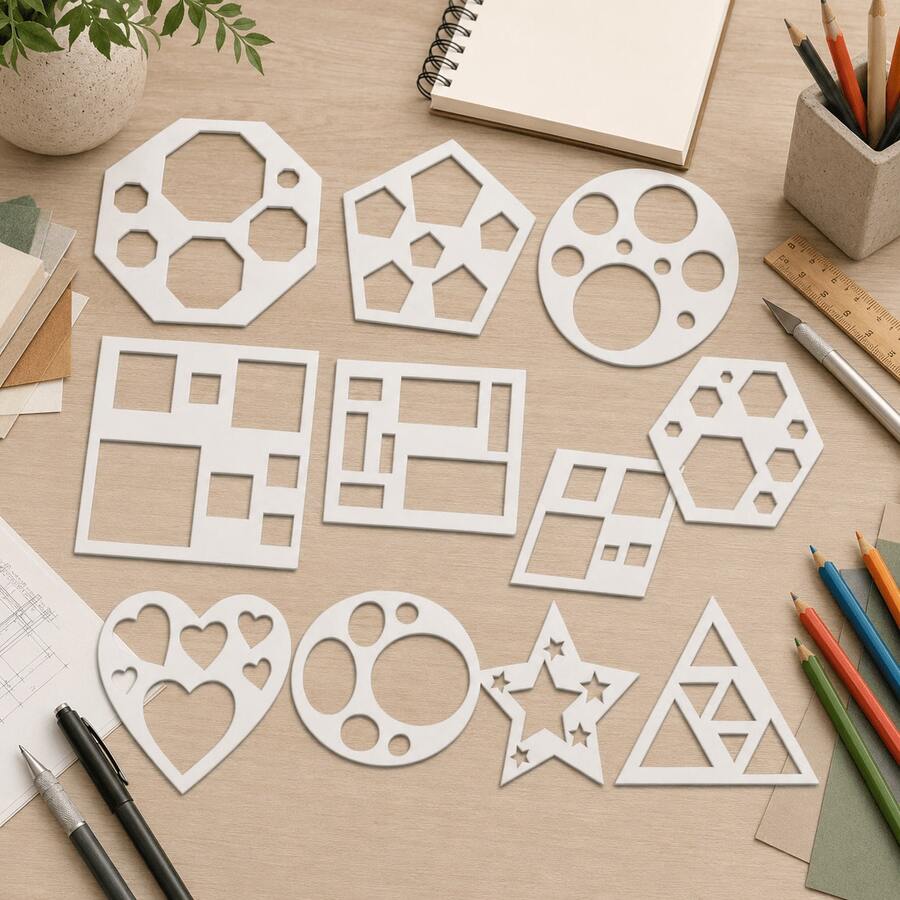 12PCS Geometric Stencils Set, Reusable Drawing Templates With Circle Square Heart Star Shapes, DIY Painting Craft Tools, Art Supplies For Kids Classroom Projects - Multicolor - View 1
