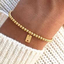 1pc Stainless Steel Rectangular Initial Bracelets Women Gold Color Beaded Bracelet For Women - Yellow Gold - View 1