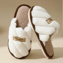 Thick Soft Fuzzy Warm Plush Slippers With Letter Logo, Slip-On House Shoes For Men And Women, Winter Indoor Warm Couple Slippers (Inner Lining Slight Color Difference, Random Personalized Letters) - White - View 1