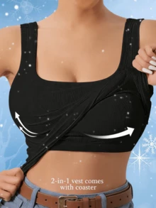 1pc Autumn/Winter Thickened Tank Top, 2-In-1 Built-In Cup Pad Brushed Ribbed Fitted Camisole - Black - View 2