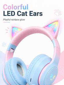Headphone Bluetooth Nirkabel Bentuk Telinga Kucing Lucu dengan Lampu LED, Headset Lipat dan Dapat Diatur, Earphone Over-Ear Nyaman untuk Anak Perempuan, Kompatibel dengan iOS/Android untuk Bermain Game/Kelas Online - View 3