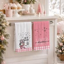 2/4/6pcs Winter Snowman Theme Printed Christmas Home Decor Kitchen Napkins, Cute Pink Hand-Drawn Style, Soft And Easy To Clean, Snowman, Snowflake, Pink And White Plaid Patterns, Winter Home Decor, Holiday Home Gift, Suitable For Kitchen Decor, Baking, Cooking, Winter Party, Christmas Season - Multicolor - View 3