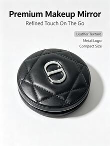 Dior Round Portable Makeup Mirror, Premium Black Faux Leather With Quilted Stitching, 3D Metal CD Logo, Flip Cover Double-Sided Mirror Design, Convenient For Touch-Ups On The Go - Black - View 6