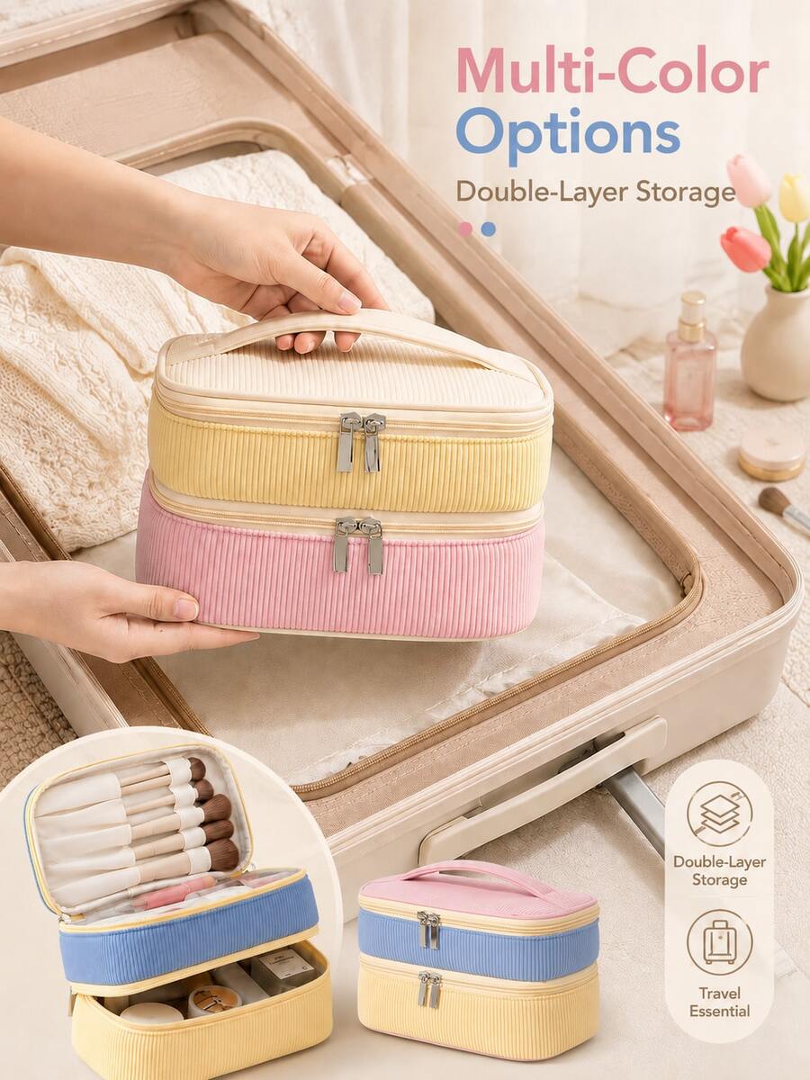 Fashion Colorblock Valentine's Day Corduroy Double Layer Makeup Bag, Portable And Lightweight, Suitable For Travel And Home, Gift Style - Multicolor - View 1