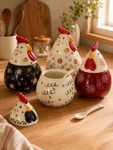 Chicken Ceramic Storage Jar With Lid & Spoon, Cute Floral Condiment Sugar Spice Coffee Bean Container, Kitchen Gift - Multicolor - View 1