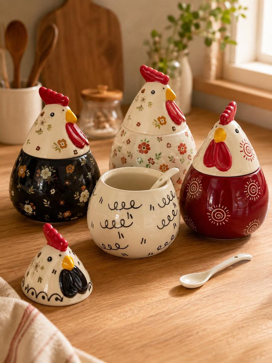 Chicken Ceramic Storage Jar With Lid & Spoon, Cute Floral Condiment Sugar Spice Coffee Bean Container, Kitchen Gift - Multicolor - View 1