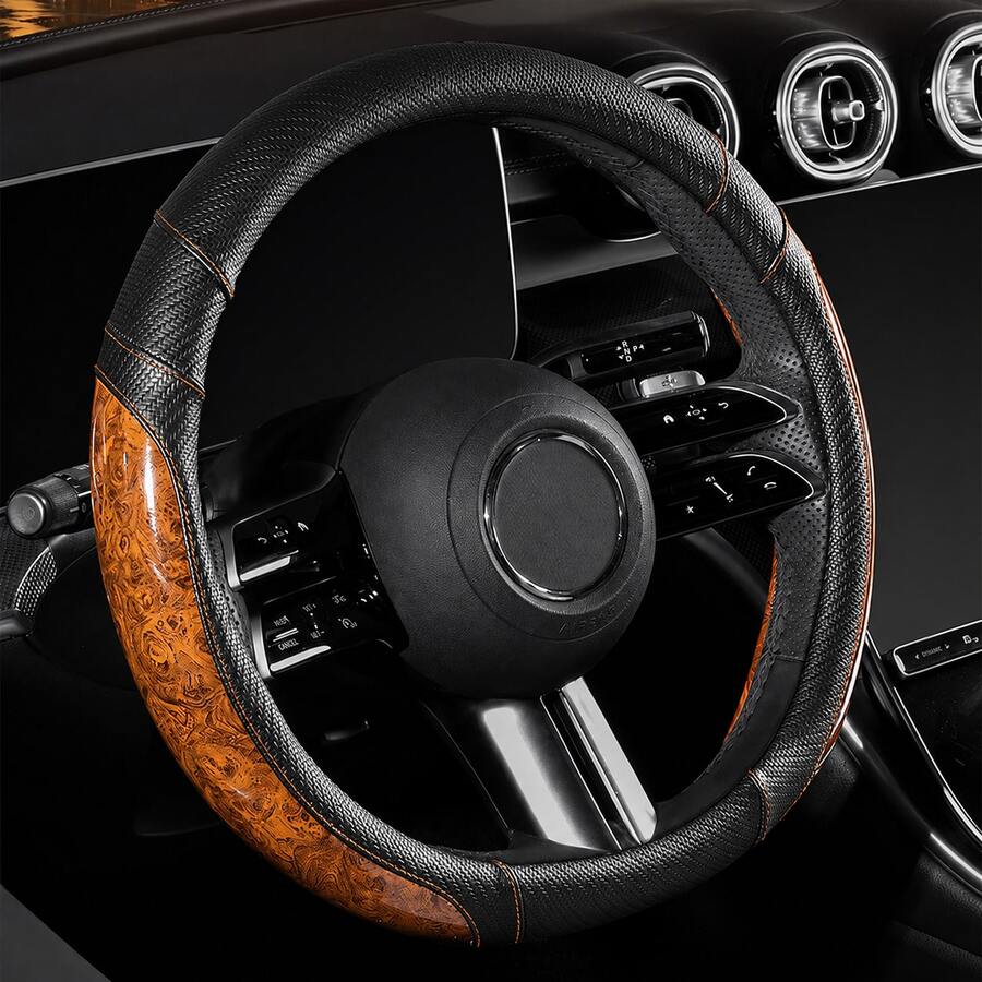 1PC PU Leather & Peach Wood Texture Car Steering Wheel Cover, Wear-Resistant & Non-Slip, Inner Ring Design, All-Season Use, Holiday Gift, Car Interior Accessory, Fits 38cm/15inch - Multicolor - View 1