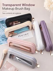 Multi-Color Transparent Window Makeup Brush Bag, PU Leather PVC Transparent Window Design, Metal Zipper Head Decoration, Slim Portable Size, Dust-Proof, Suitable For Home Vanity And Travel, Can Store Makeup Brushes And Eyebrow Beauty Tools - Multicolor - View 1