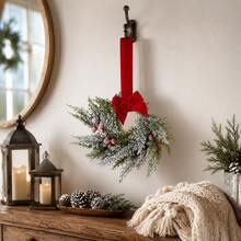 1pc Snowy Christmas Wreath With Bow And Long Hanging Strap, Green Foliage And Red Berries Holiday Wreath, Suitable For Door, Wall, Window, Cabinet, Entryway, Farmhouse Style Home And Winter Christmas Decor - Multicolor - View 3