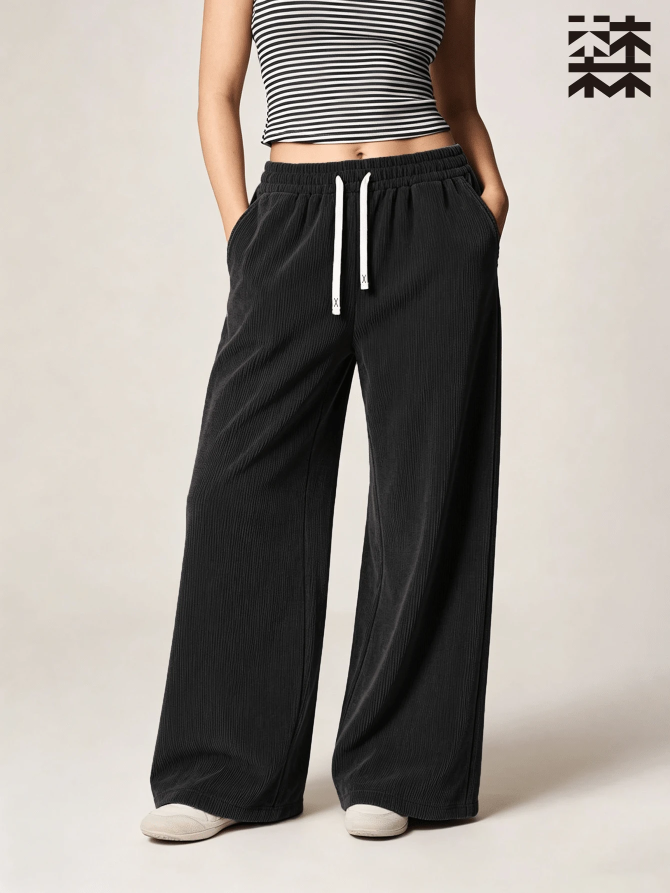 mulinsen Women's Sports Sweatpants, Vertical Textured Drawstring Loose Fit, Fitness Running Casual Everyday - Black - View 1