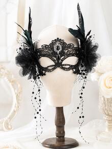 Women's Gothic Black Lace Masquerade Mask, Feather Flower Beaded Tassel Spider Web Rhinestone Mask, Halloween Cosplay Party Costume Accessory - Multicolor - View 9