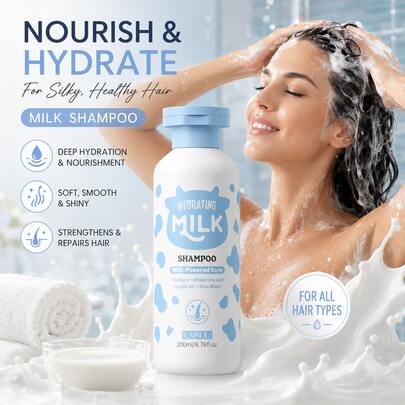 LAIKOU 1 Botella Champú de Leche Hidratante Limpiador y Nutritivo, 200Ml Reparador Reductor de Frizz Lavado de Cabello Limpiador Suave del Cuero Cabelludo Tratamiento de Cabello Sedoso y Suave Rutina Diaria de Cuidado del Cabello Uso en el Baño Producto de Cuidado del Cabello Hidratante Muy Vendido