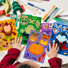 Halloween Kids Face-Swap Interactive Puzzle 6-Piece Set, Cartoon Werewolf Ghost Vampire Pumpkin Grim Reaper 6 Styles, Children's Free Combination Eyes Mouth Nose Face-Changing Interactive Toy, Can Be Stuck On Notebooks Water Cups Pumpkins Windows Walls Gift Boxes - Multicolor - View 9