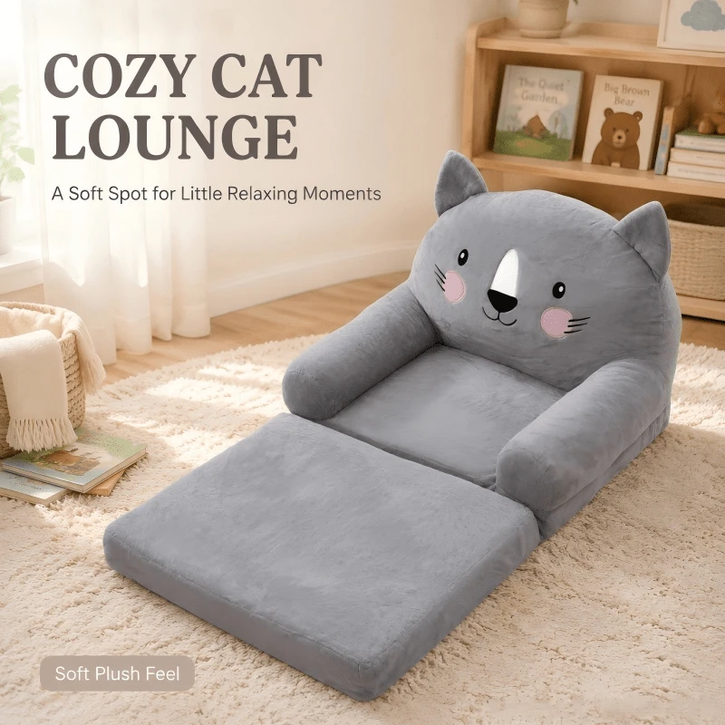 Grey Cartoon‑Style Foldable Sofa Chair, 2‑Layer Structure With Wide Handles & Supportive Backrest For Home Bedroom Use - Light Grey - View 1