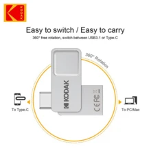 KODAK Metal 3.1 Type-C Flash Drive 360° Rotating 32GB 64GB 128GB 2-In-1 USB-A & USB-C High-Speed External Storage, For Data Transfer - View 3