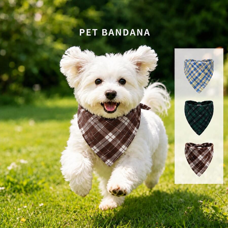 3pcs Plaid Pet Bandana For Dogs & Cats, Cute Triangle Neck Scarf, Adjustable Soft Pet Bib Collar For Small Medium Dogs, Daily Walking & Photo Accessory - Camel - View 1