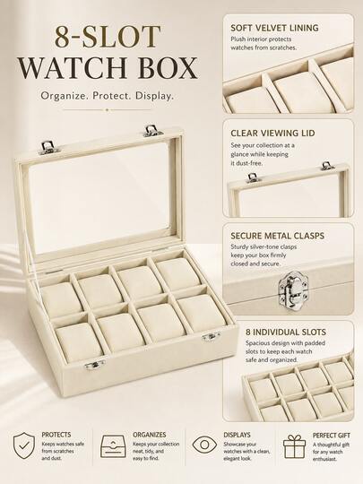 1pc 8-Slot Wooden Watch Storage Box, Wooden Watch Display Box With Dust-Proof Velvet Lining, Jewelry Storage Box, Unisex Watch Collection Box, Suitable For Birthday, Christmas And Other Holiday Gifts. Beige, Rectangular, Transparent Window Design, Metal Clasp, Velvet Lining, Watch Box, 8-Slot Partition, Neat Classification, Dust-Proof Storage, Convenient Access, Watch Display Box, Bracelet Storage Box, Jewelry Organizer, Mechanical Watch, Quartz Watch