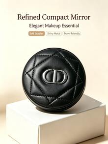 Dior Round Portable Makeup Mirror, Premium Black Faux Leather With Quilted Stitching, 3D Metal CD Logo, Flip Cover Double-Sided Mirror Design, Convenient For Touch-Ups On The Go - Black - View 8