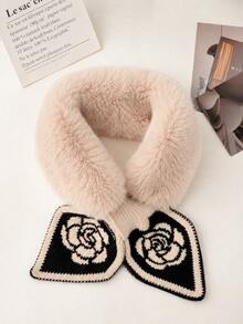 1pc Women's Knitted Fuzzy Neck Warmer, Paired With Fishtail Ribbon Splice Design, Suitable For Autumn/Winter Daily Warmth - Khaki - View 9