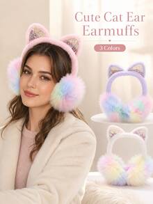 1pc Girls Cute Pink Macaron Color Soft Plush Winter Earmuffs With Fluffy Ear Covers And Shiny Decoration, Suitable For Autumn/Winter - Multicolor - View 11