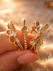 ZCNC Znice 2026 新款 304 不鏽鋼 18K 金鍍層可疊戴戒指組，女款，3 件裝三葉草與滿鑽個性化戒指，低過敏極簡主義珠寶，完美母親節禮物，夏季度假配件 - 金色16 - 查看 14