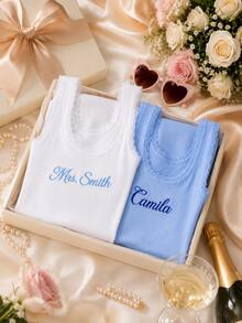 Personalized Embroidered Lace Tank Top, Custom Embroidery Modal Tank Bridal Shower Gift, Engagement Gift Bachelorette Party, New Mrs. Tank - Multicolor - View 7