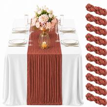 12pcs Clay Color Gauze Table Runner, 35*120 Inch Sheer Table Runner, Semi-Transparent Pleated Bohemian Country Style Table Runner, Suitable For Wedding Party, Baby Shower, Birthday, Bridal Shower, Thanksgiving, Friendsgiving, Engagement Party, Home Decor - Rust Red - View 1