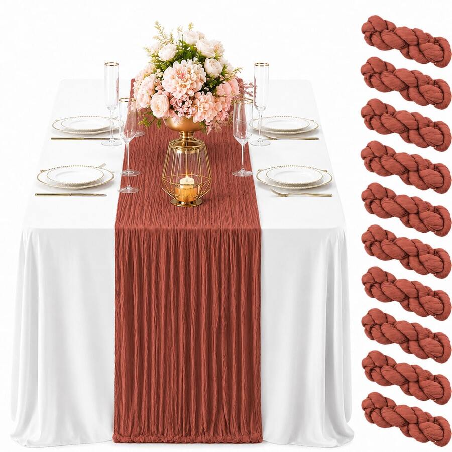 12pcs Clay Color Gauze Table Runner, 35*120 Inch Sheer Table Runner, Semi-Transparent Pleated Bohemian Country Style Table Runner, Suitable For Wedding Party, Baby Shower, Birthday, Bridal Shower, Thanksgiving, Friendsgiving, Engagement Party, Home Decor - Rust Red - View 1