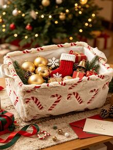 1pc Large Capacity Christmas Candy Cane Embroidered Flannel Storage Basket, Dual Handle Design, Foldable, Perfect For Christmas Holiday Supplies, Gifts, Decor Storage, Holiday Atmosphere Home Decor, Holiday Gift - Multicolor - View 2