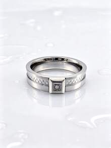 1pc Personalized Elegant Fashion Stainless Steel Plaid Rhinestone Ring, Men's Couple Party Jewelry Gift - Silver - View 2