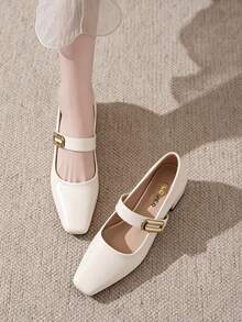 Women's Beige Square Toe Chunky Heel Mary Jane Shoes, Square Toe Single Strap With Gold Square Buckle Design, Comfortable Chunky Heel Not Tiring To Wear, Soft Leather Material Fits Foot Shape, Suitable For Spring And Autumn, Commuting To Work, Dating And Gatherings, Daily Outfits, Simple Retro Style, Material Is Artificial Leather - White - View 4