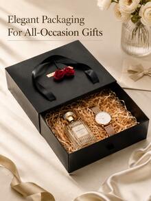 Black Gift Box With Ribbon Handle, Elegant Reusable Gift Packaging Box With Decorative Flowers, Suitable For Women And Men Gift Storage Box, Birthday Wedding Anniversary Christmas Valentine's Day - Black - View 6