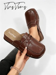 Women's Wedge Heel Thick Sole Square Toe Loafer Style Contrast Stitching Rivet Low Heel Mule Shoes Closed Toe Half Slip-On Fashion Casual Outdoor Slippers - Brown - View 2