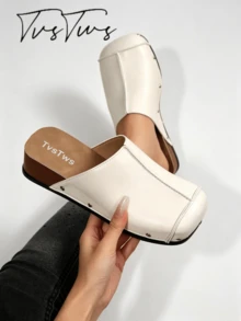 Women's Closed-Toe Rivet Half-Sling Wedge Slides, Retro Contrast Stitch Slip-On Sandals, Casual Outdoor Slippers For Daily Wear, Campus, Shopping, Versatile For Pants - Off White - View 3