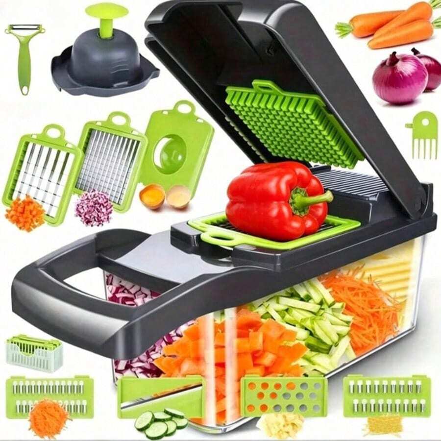 Pro Chopper 16-In-1 Multi-Function Vegetable Chopper With Container, Manual Onion Dicer, Fruit Slicer, Shredder And Grater, Interchangeable Blades, All-In-One Vegetable Chopper, Time-Saving Kitchen Essential Practical Home Gift, Suitable For Meal Prep