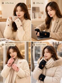 Autumn/Winter Half-Finger Half-Palm Flip-Cover Warm Windproof Gloves, Solid Color Fleece Lining Thickened Knitted Gloves, Outdoor Cold Protection, Office Use, Touchscreen Fingerless Design - Multicolor - View 6