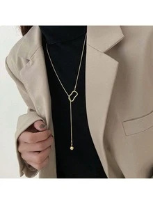 1件女款時尚極簡金屬珠長墜飾項鍊，小眾設計毛衣鏈項鍊，適合派對、禮物、日常穿著 - 金色 - 查看 3