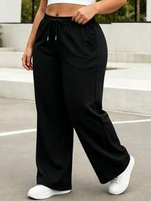 Plus Size Women's Solid Color Wide Leg Sweatpants, Drawstring Elastic Waist, Side Pockets, Casual Loose Athletic Lounge Pants - Black - View 5