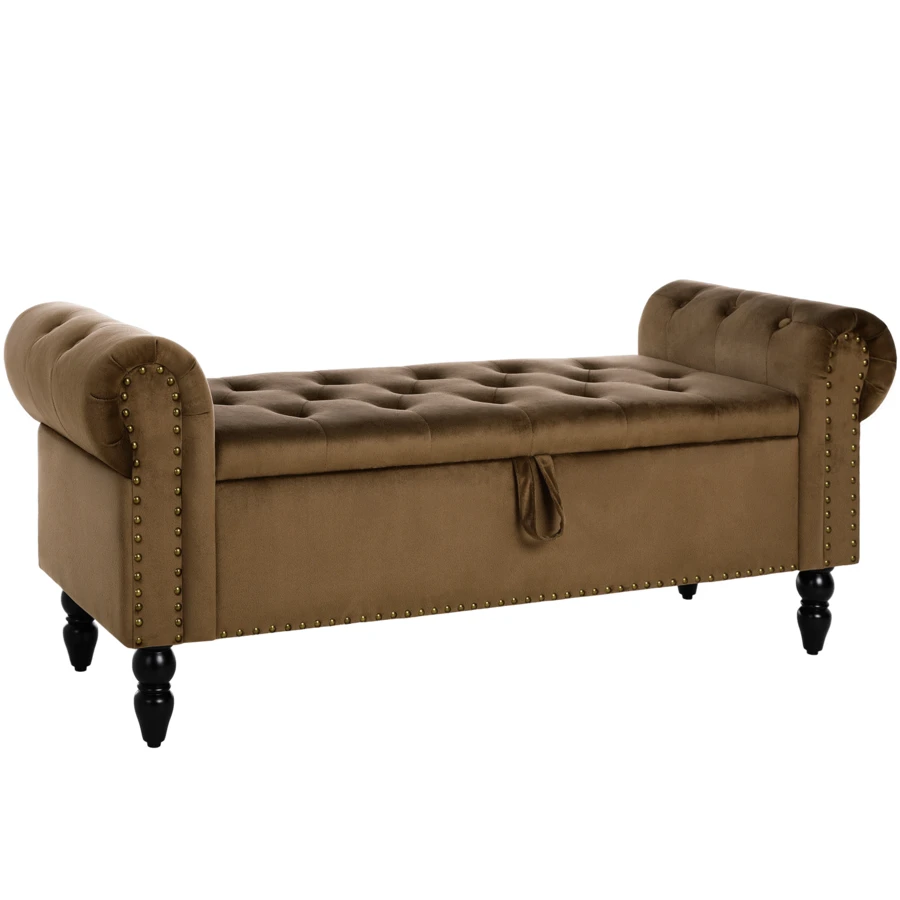 Storage Bench 133cm, Velvet Fabric Storage Box, Indoor Footstool, Bed Bench, Storage Chest With Armrests For Living Room, Bedroom, Hallway - Brown - View 1