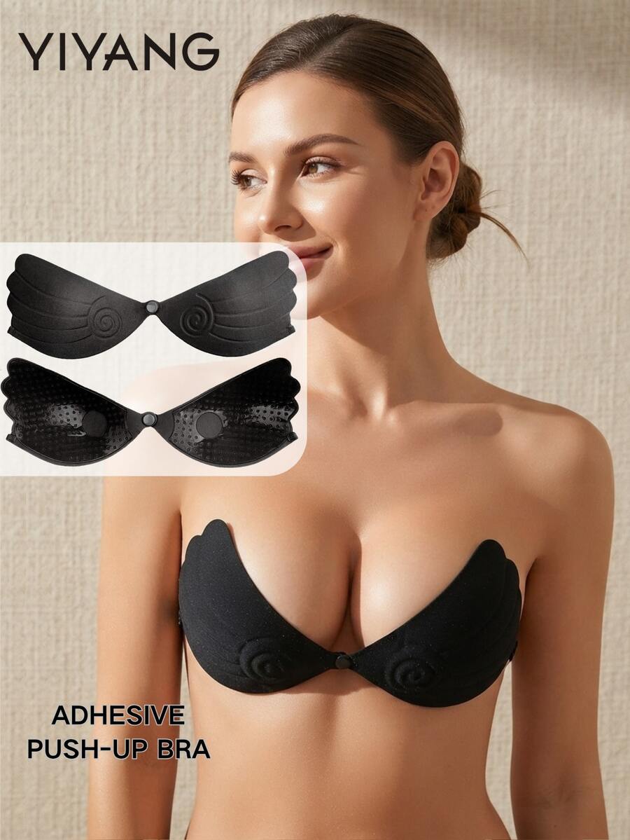 YIYANG 1pc Women Anti-Slip Solid Color Adhesive Bra - Black - View 1